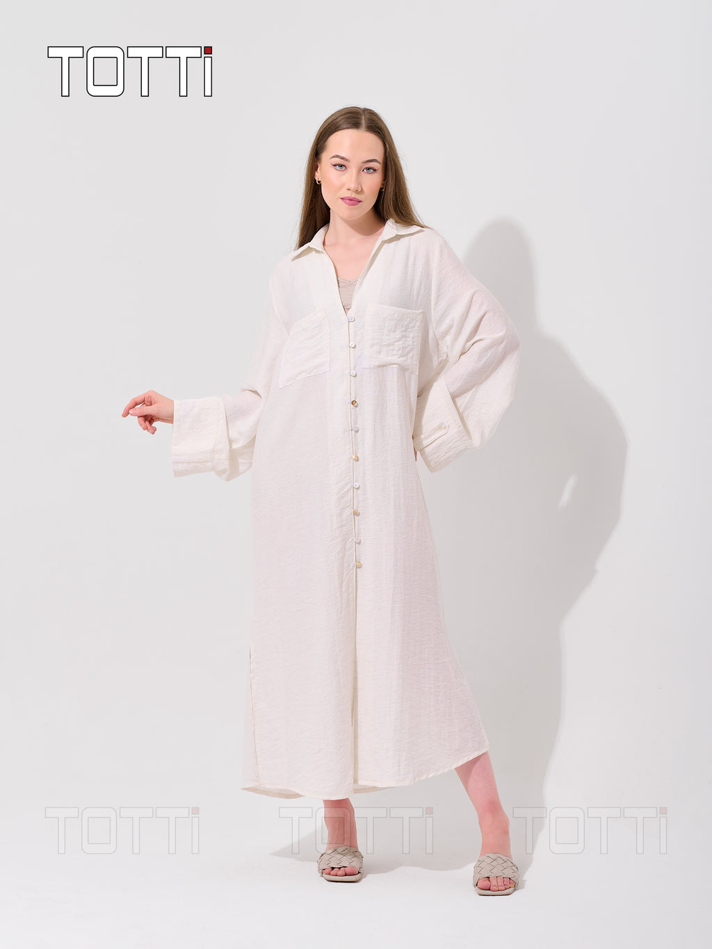 Off-White Button-Down Shirt Dress