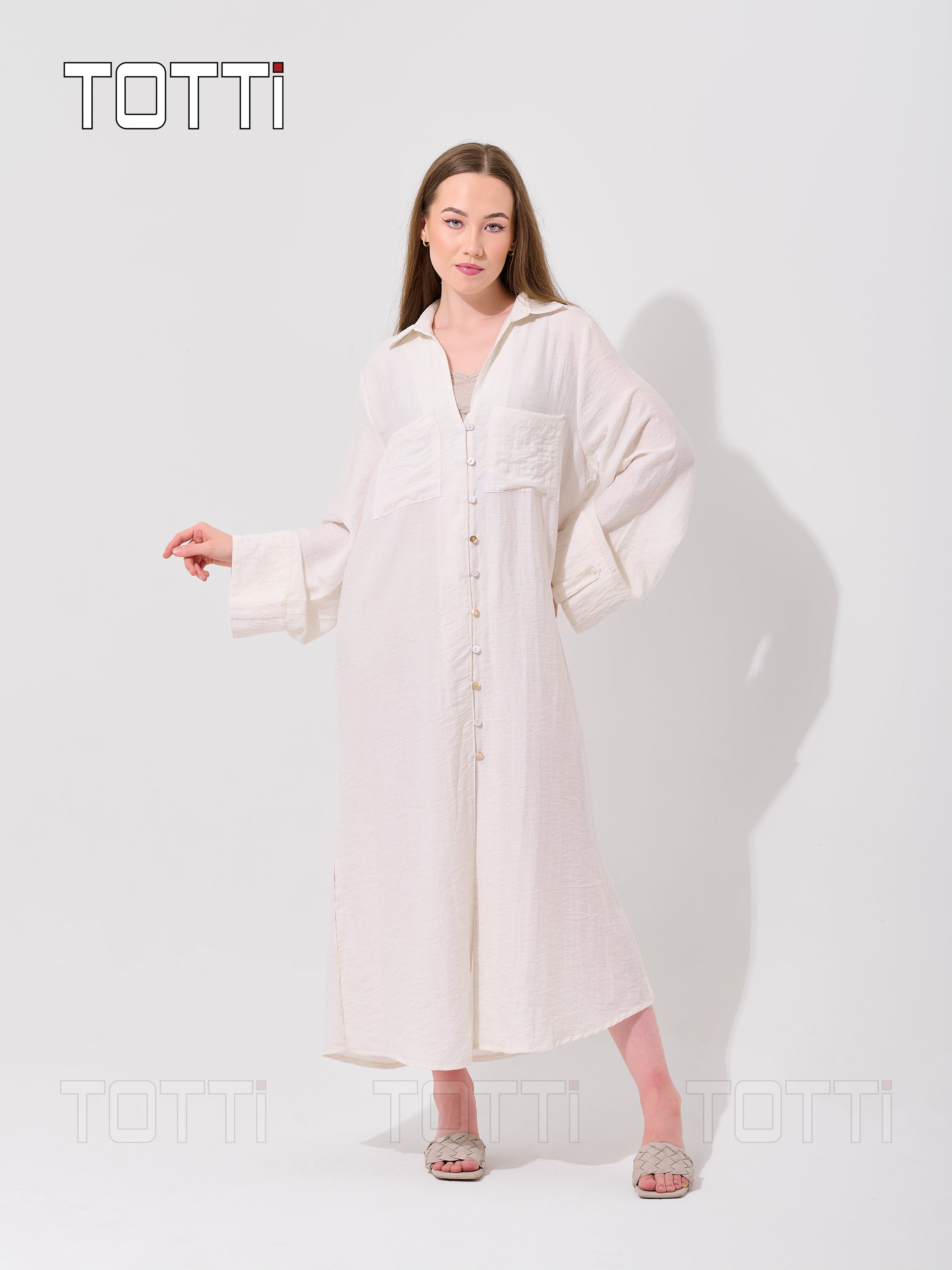 Off-White Button-Down Shirt Dress