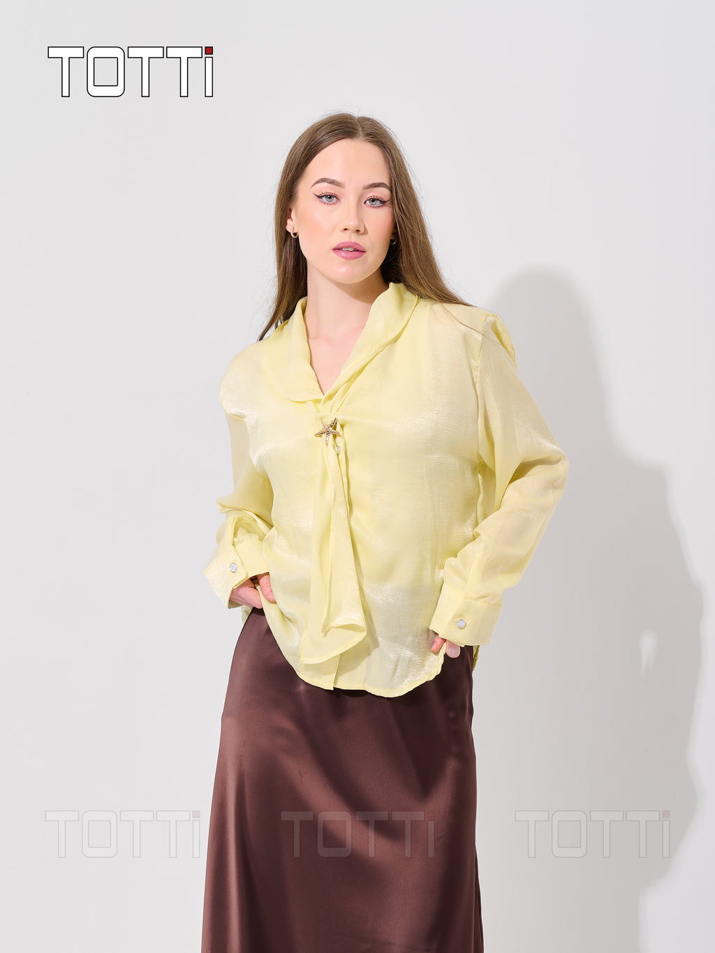 Butter Yellow Bow-Tie Sheer Blouse