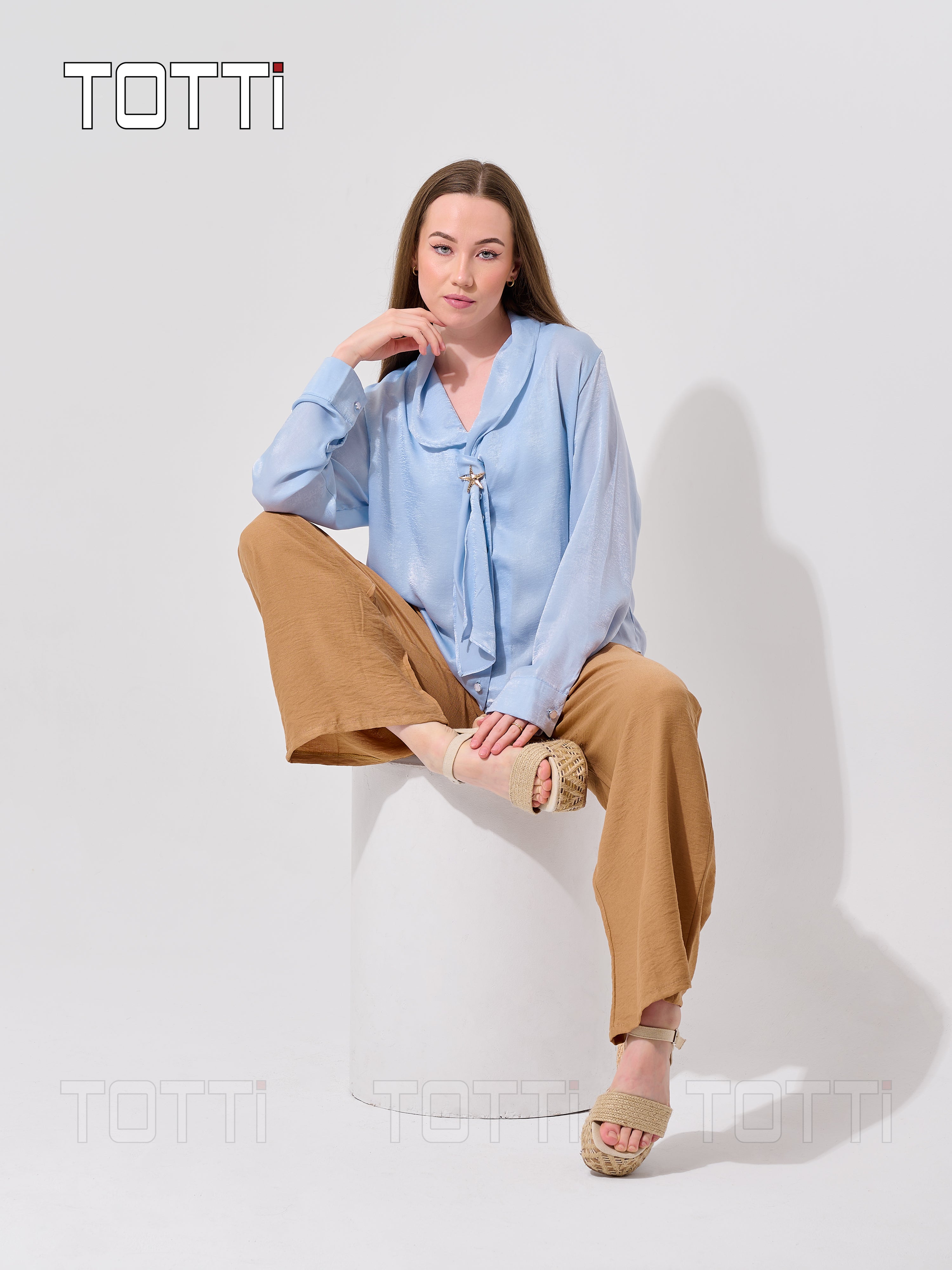 Sky Blue Bow-Tie Brooch Blouse