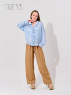 Sky Blue Bow-Tie Brooch Blouse