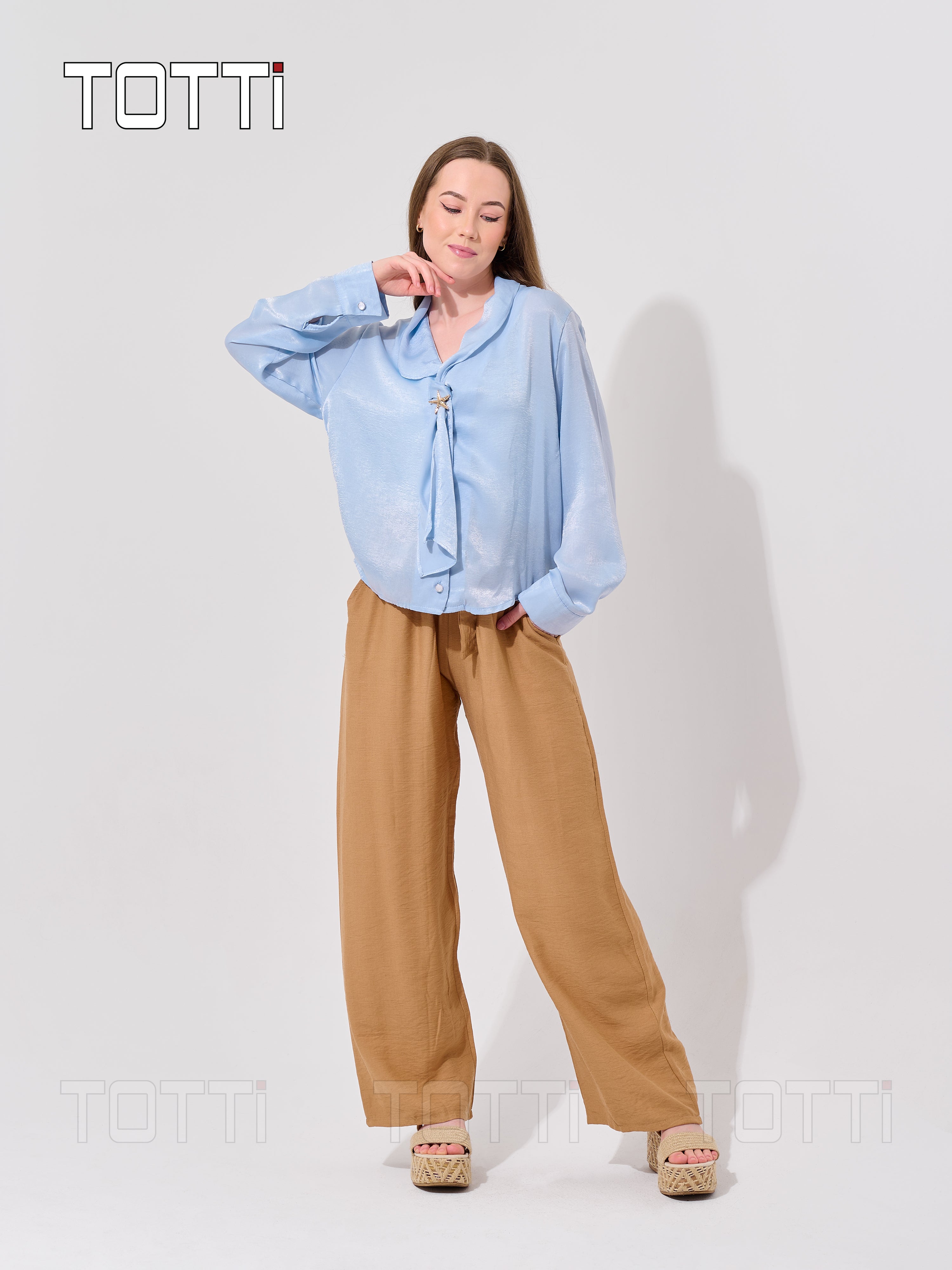 Sky Blue Bow-Tie Brooch Blouse