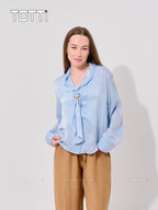 Sky Blue Bow-Tie Brooch Blouse