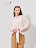 Ivory Floral Jacquard Tie-Front Blouse
