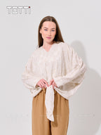 Ivory Floral Jacquard Tie-Front Blouse