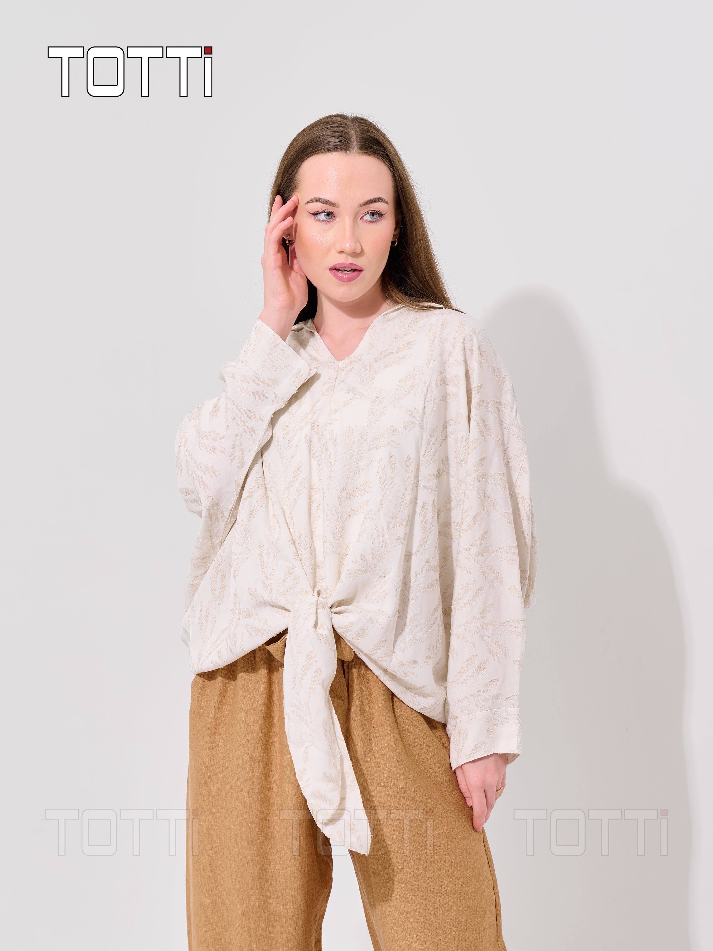 Ivory Floral Jacquard Tie-Front Blouse