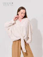 Ivory Floral Jacquard Tie-Front Blouse