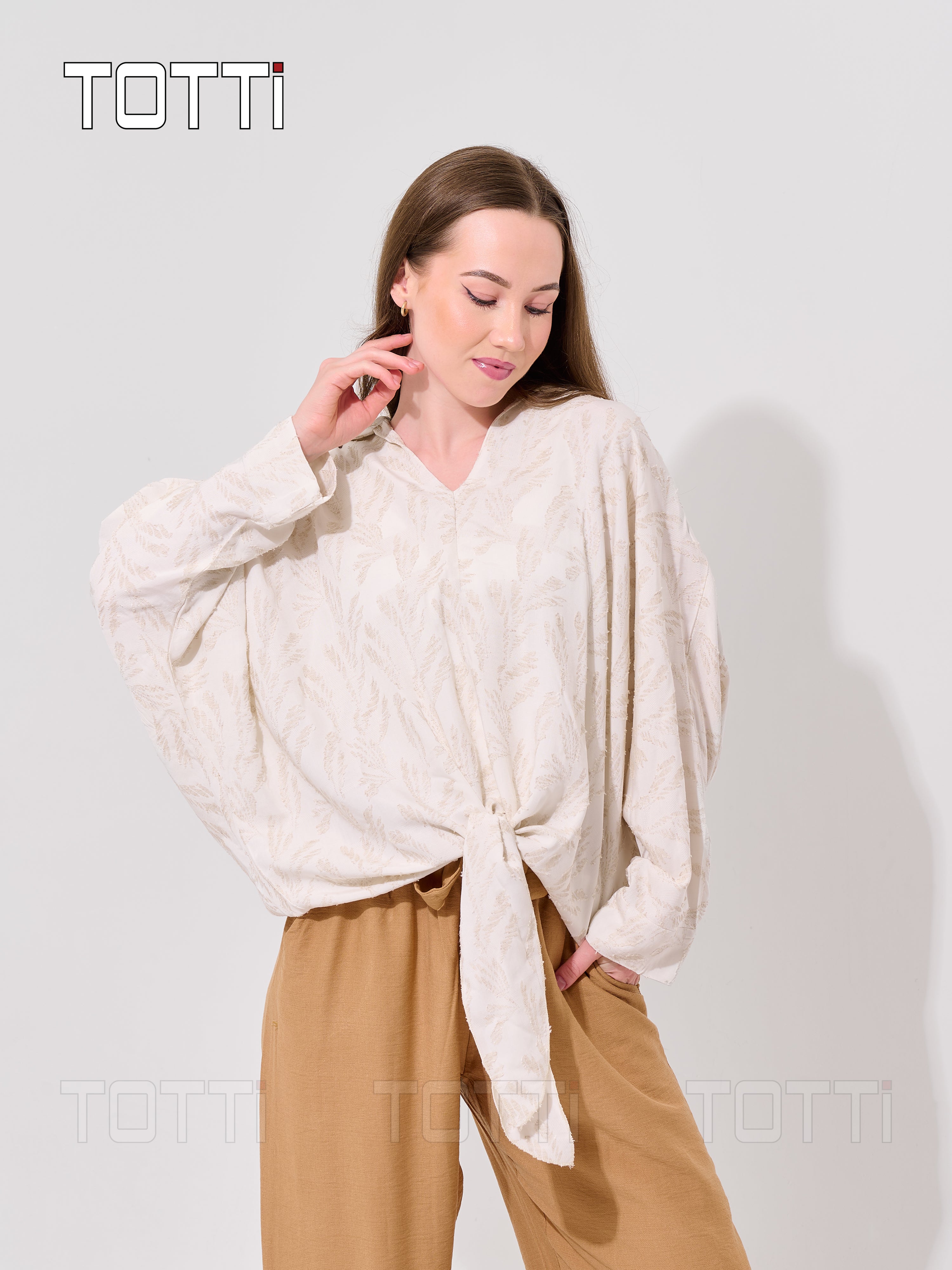 Ivory Floral Jacquard Tie-Front Blouse