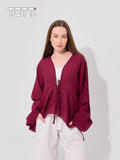 Berry Ribbed Tie-Front Blouse