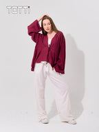 Berry Ribbed Tie-Front Blouse