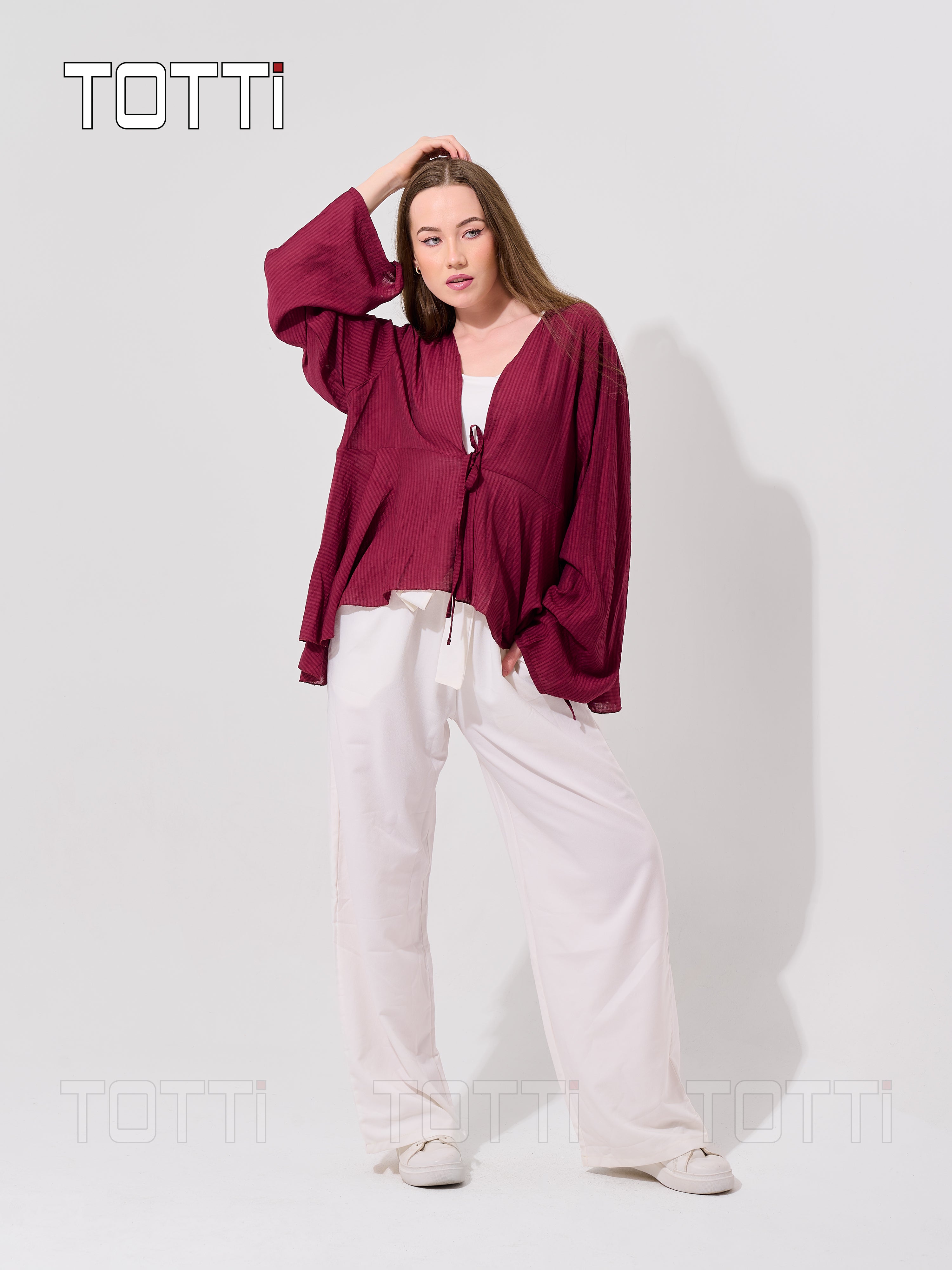 Berry Ribbed Tie-Front Blouse