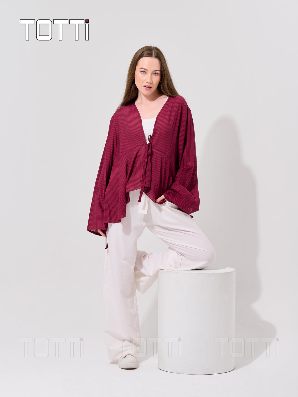 Berry Ribbed Tie-Front Blouse