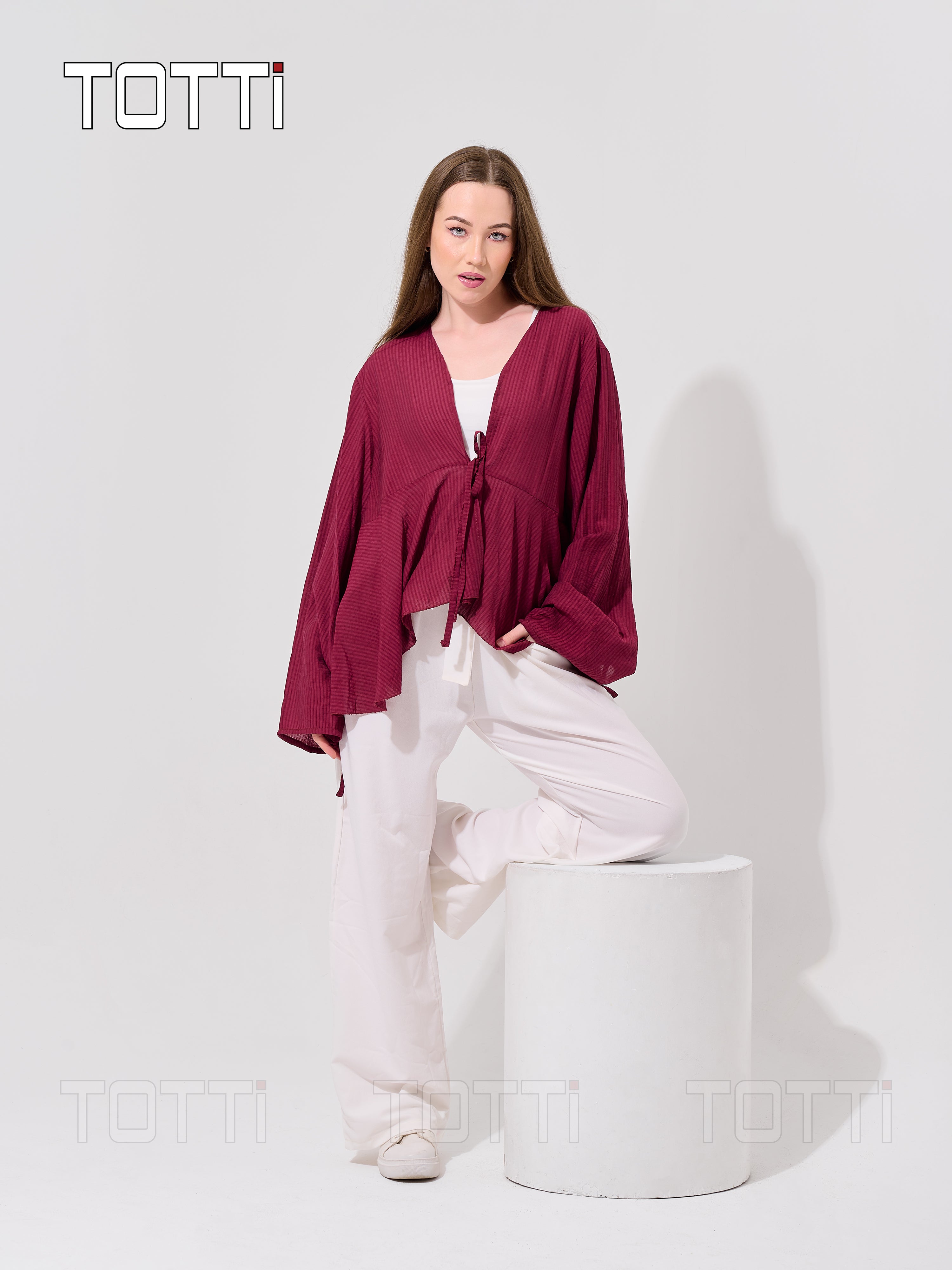 Berry Ribbed Tie-Front Blouse