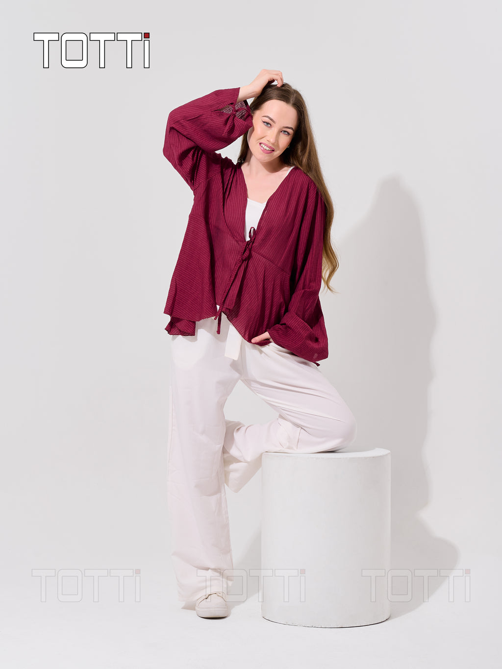 Berry Ribbed Tie-Front Blouse