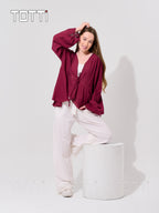 Berry Ribbed Tie-Front Blouse