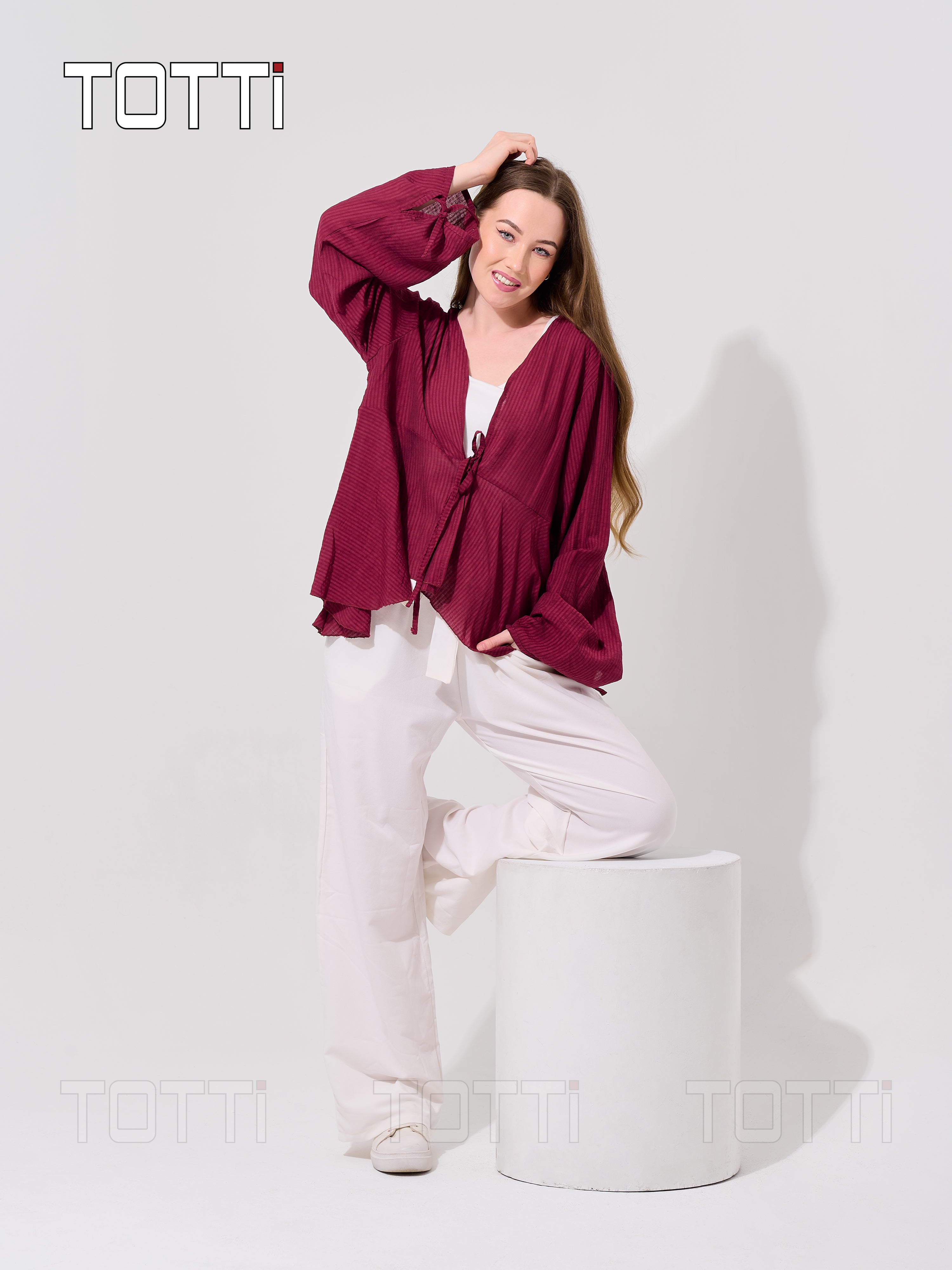 Berry Ribbed Tie-Front Blouse
