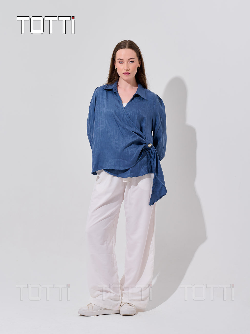 Steel Blue Wrap Blouse with Gold Button
