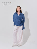 Steel Blue Wrap Blouse with Gold Button