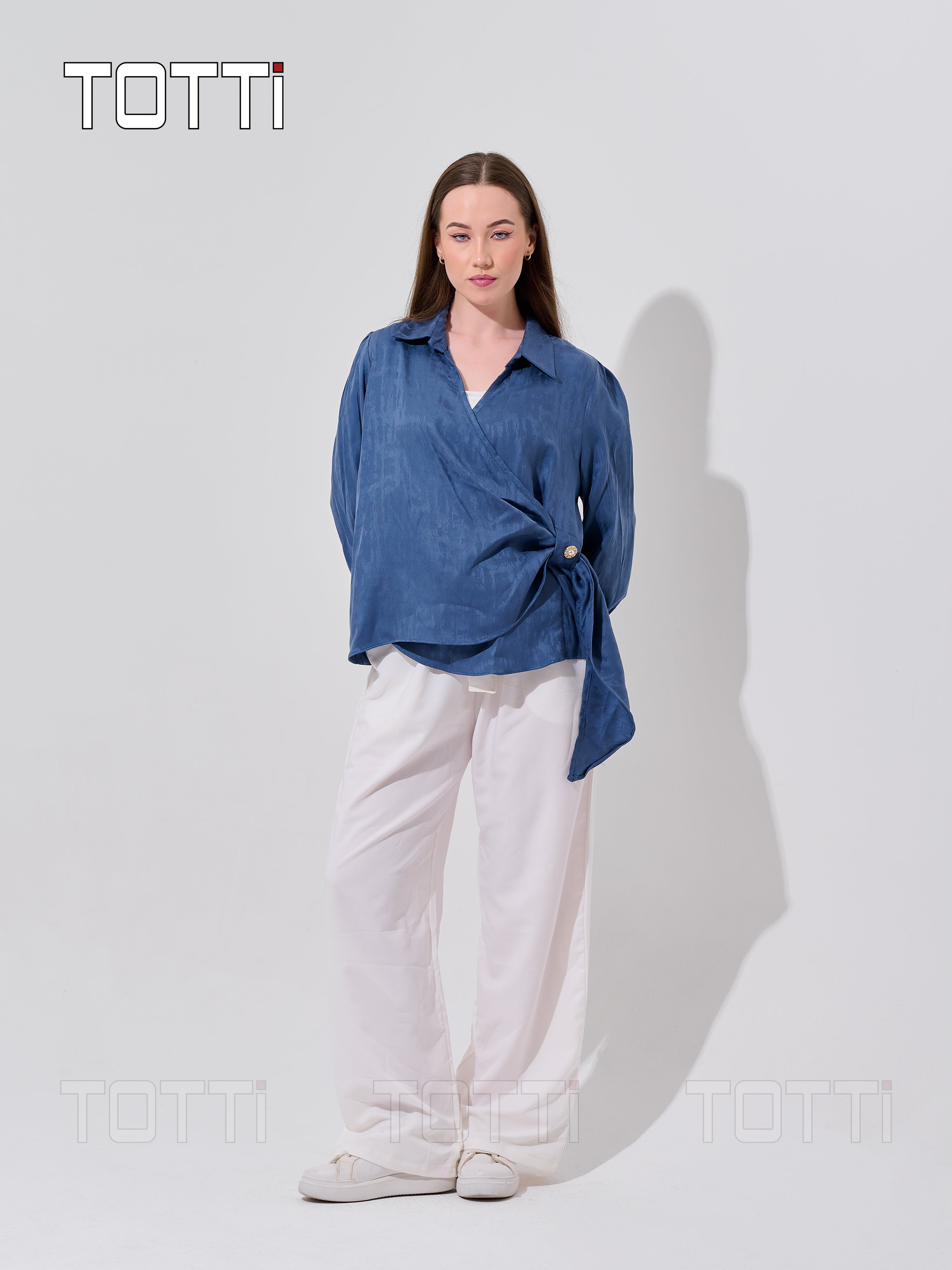 Steel Blue Wrap Blouse with Gold Button