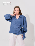 Steel Blue Wrap Blouse with Gold Button