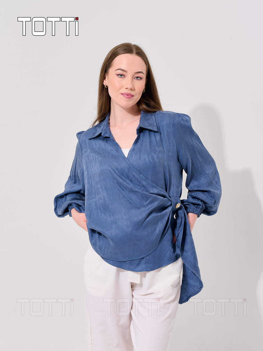 Steel Blue Wrap Blouse with Gold Button