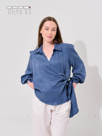 Steel Blue Wrap Blouse with Gold Button