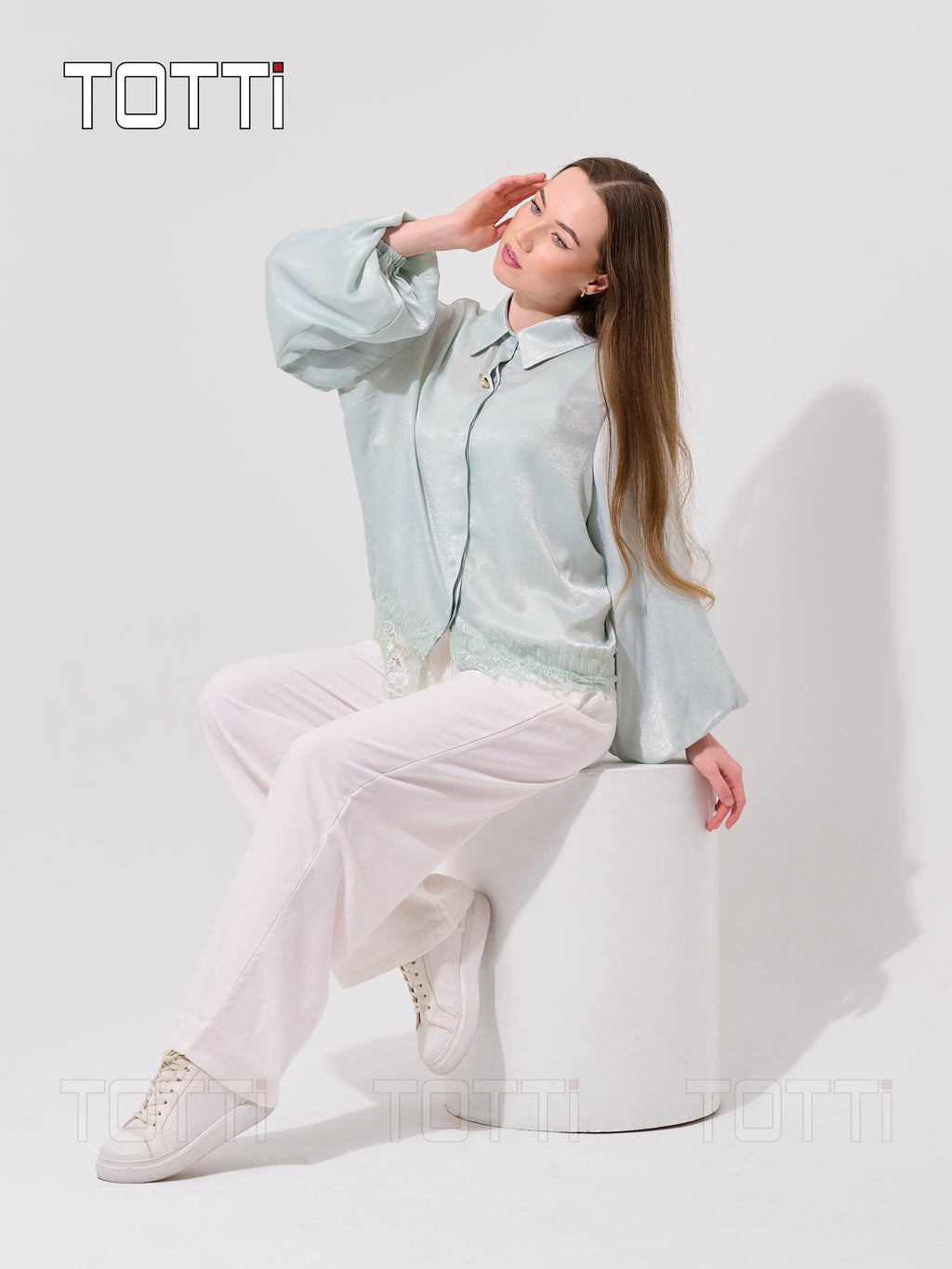 Mint Satin Lace-Hem Shirt Jacket