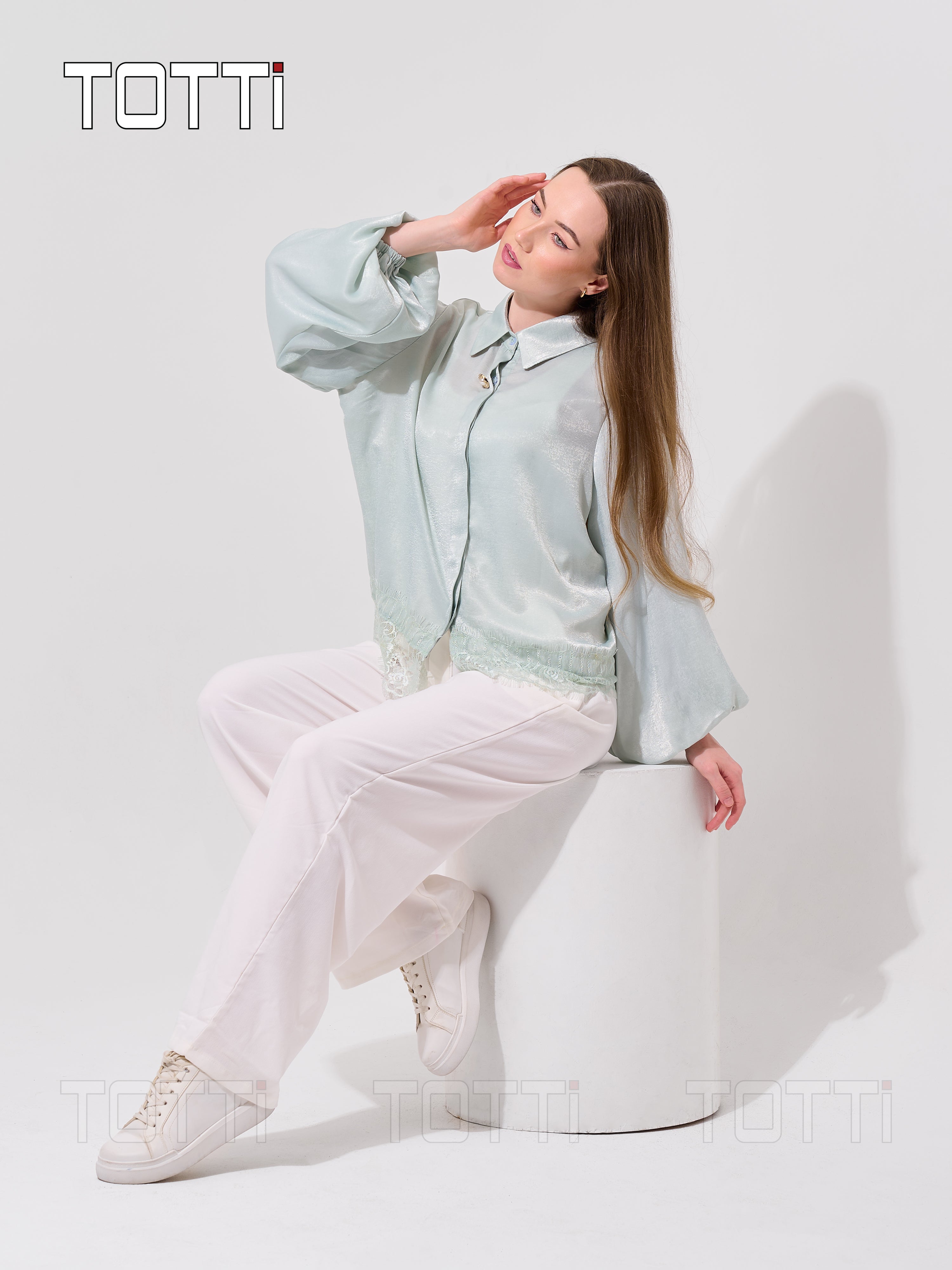 Mint Satin Lace-Hem Shirt Jacket