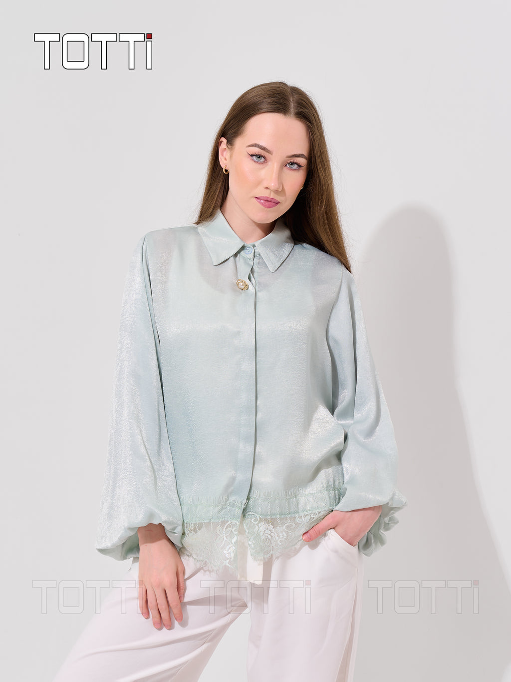 Mint Satin Lace-Hem Shirt Jacket