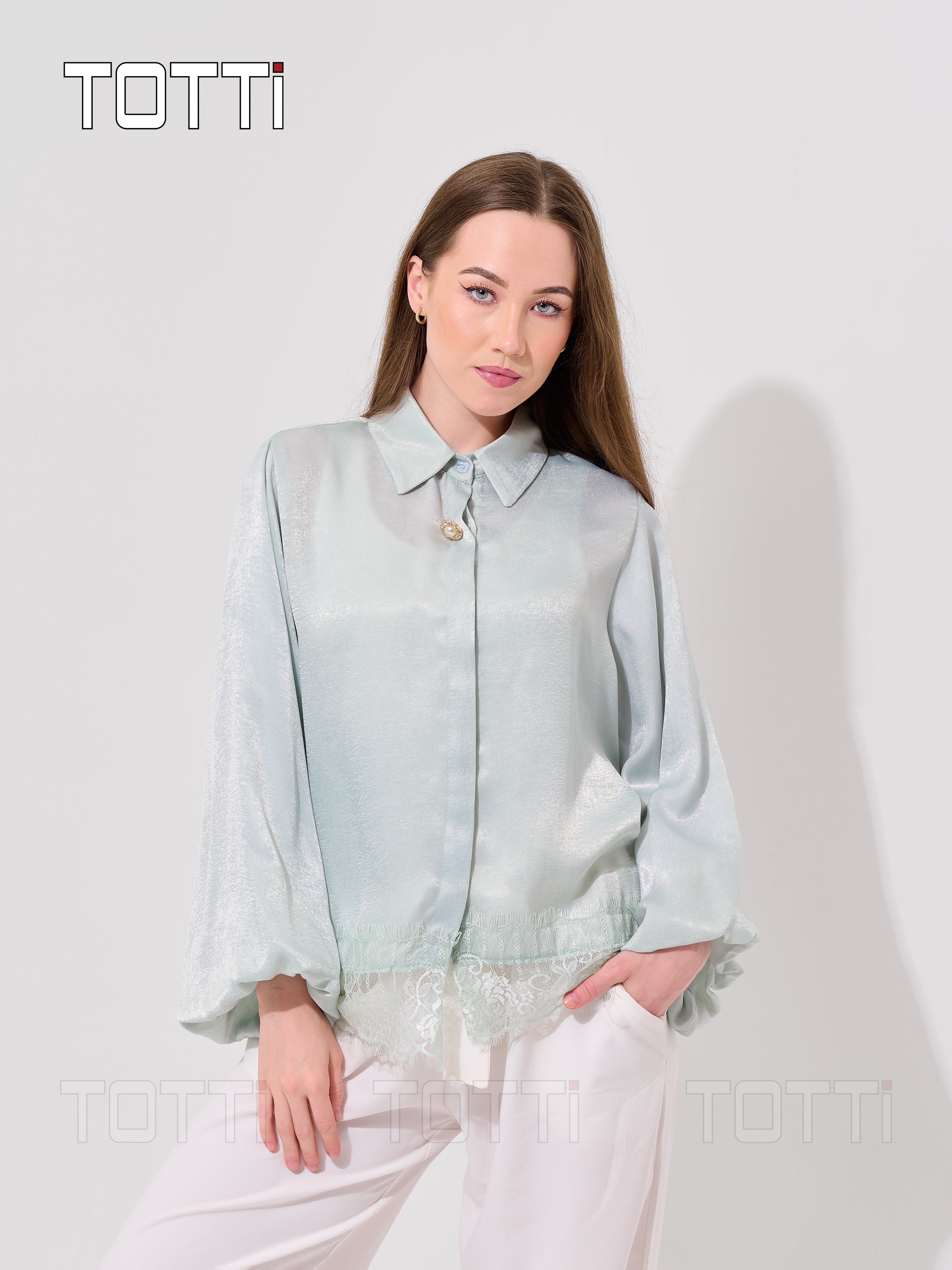 Mint Satin Lace-Hem Shirt Jacket
