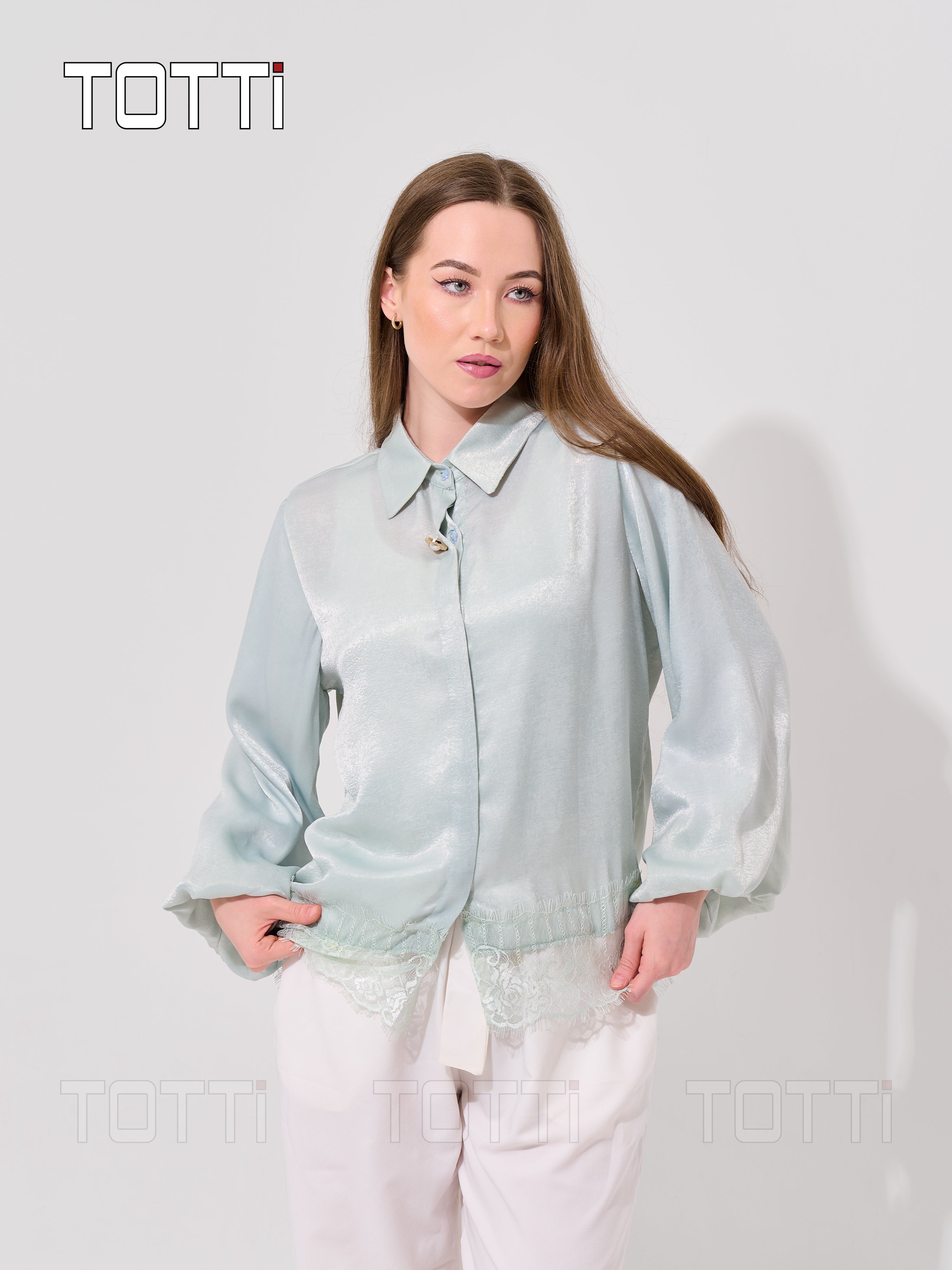 Mint Satin Lace-Hem Shirt Jacket