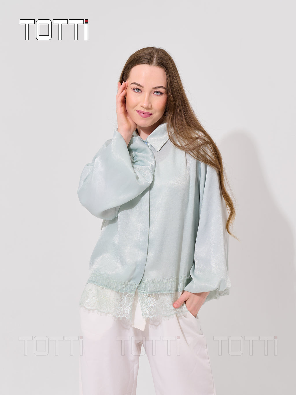 Mint Satin Lace-Hem Shirt Jacket