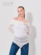 Sheer Sleeve Lace Draped Top
