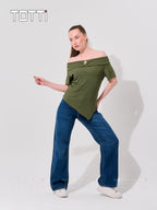 ASYMMETRICAL RIBBED OFF-THE-SHOULDER TOP
