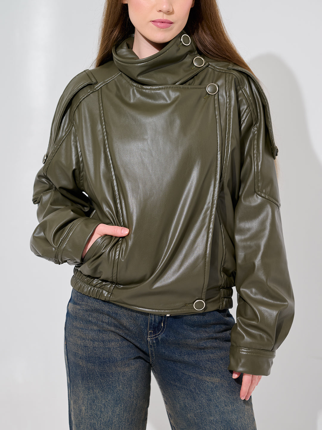Olive Green Leather Bomber Jacket