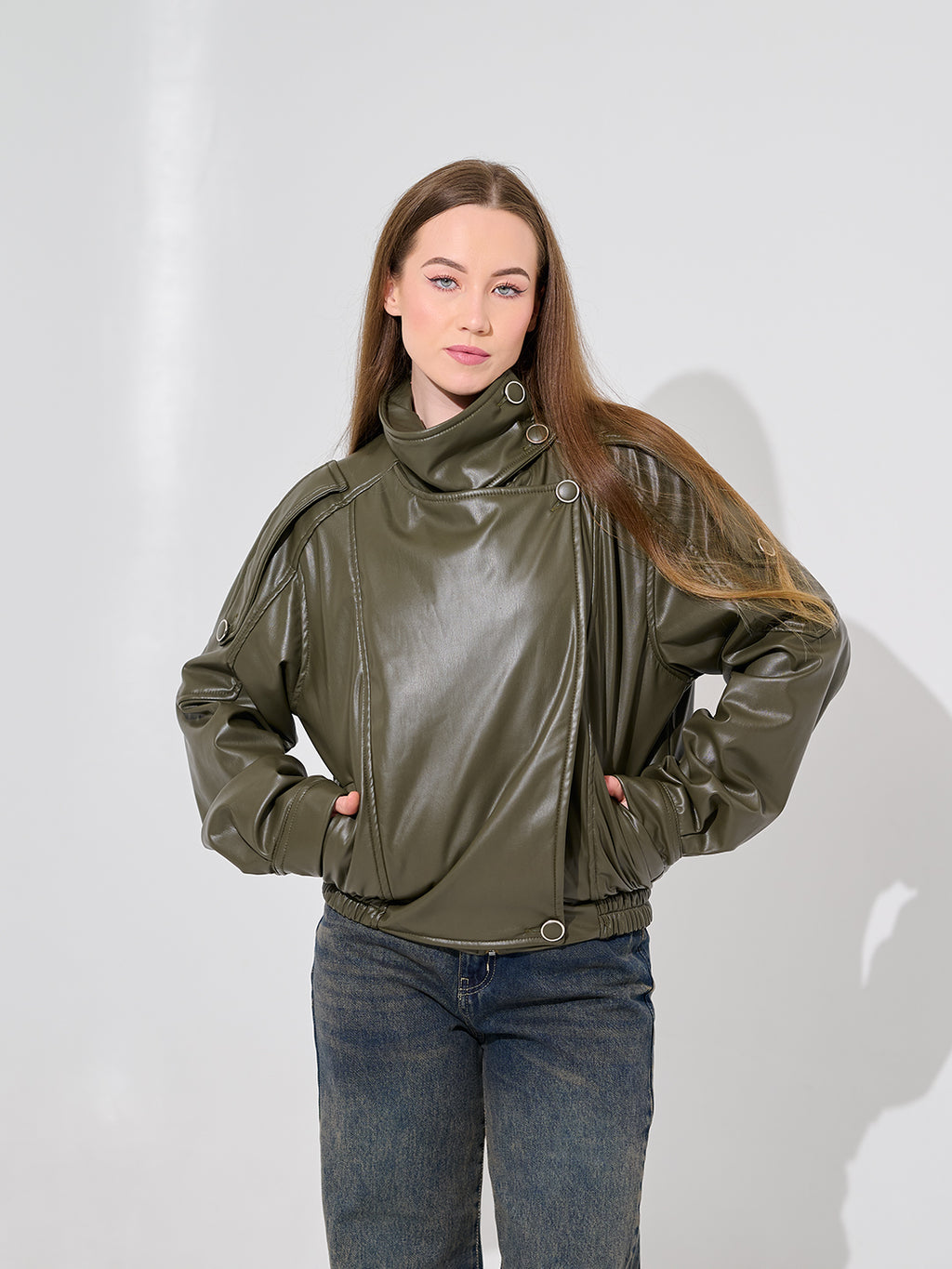 Olive Green Leather Bomber Jacket