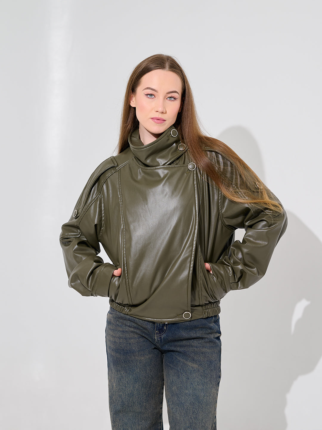 Olive Green Leather Bomber Jacket