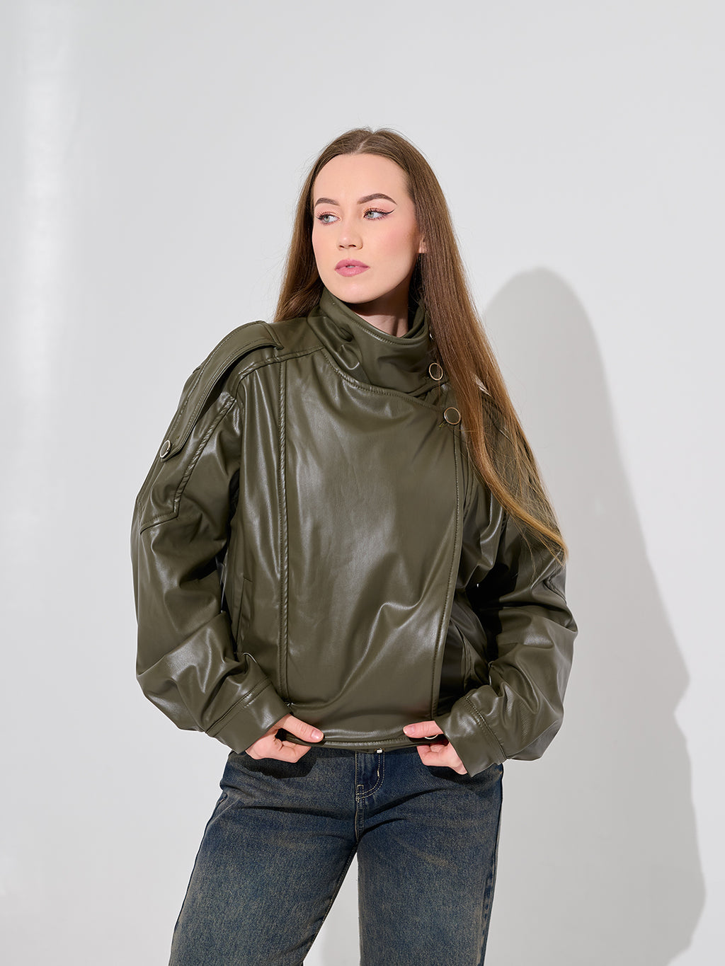 Olive Green Leather Bomber Jacket