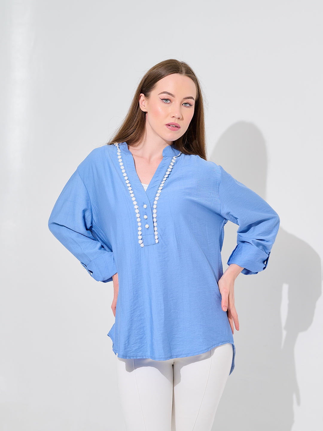 The Sky-Blue Lace-Trim Blouse