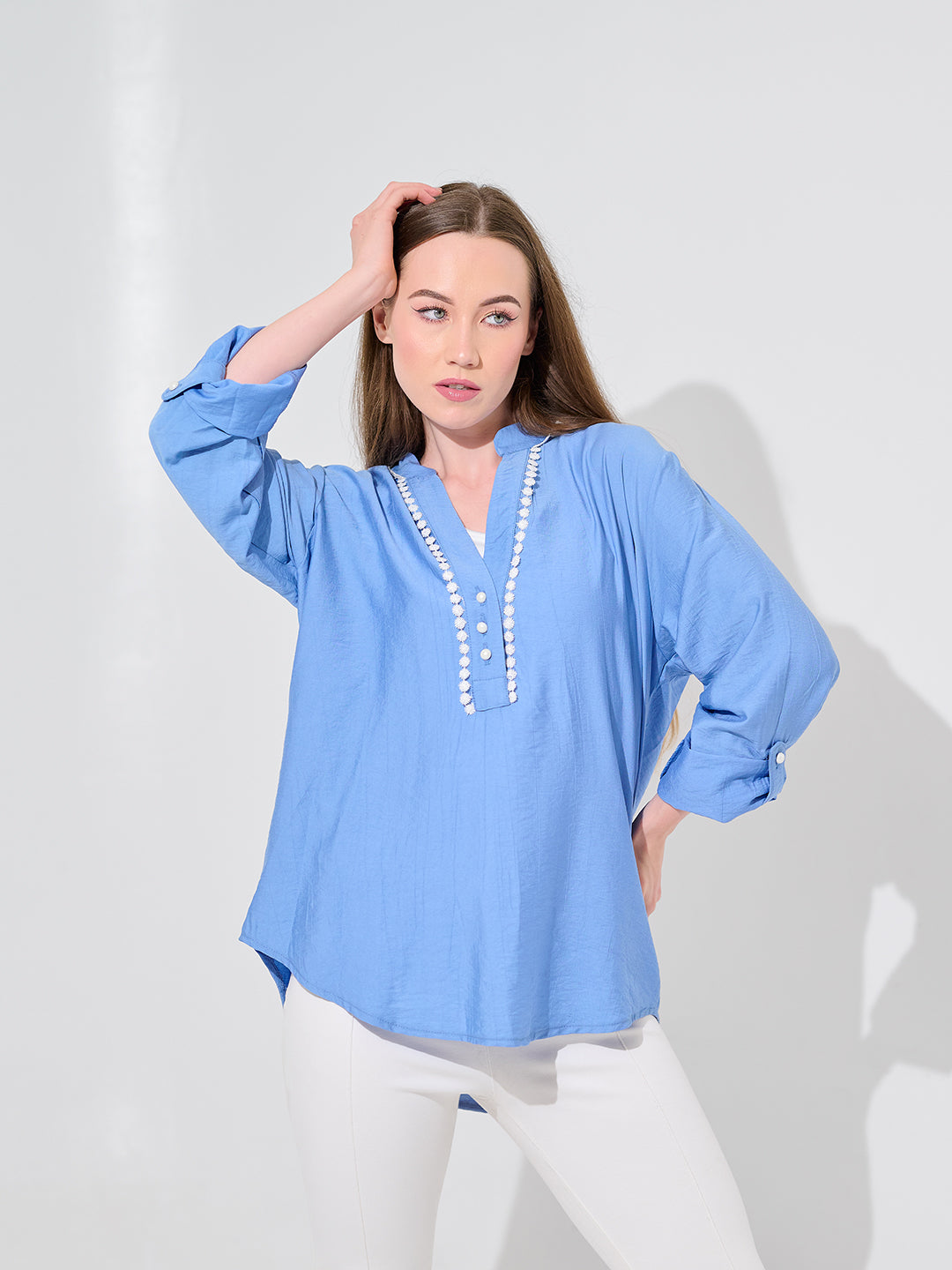 The Sky-Blue Lace-Trim Blouse