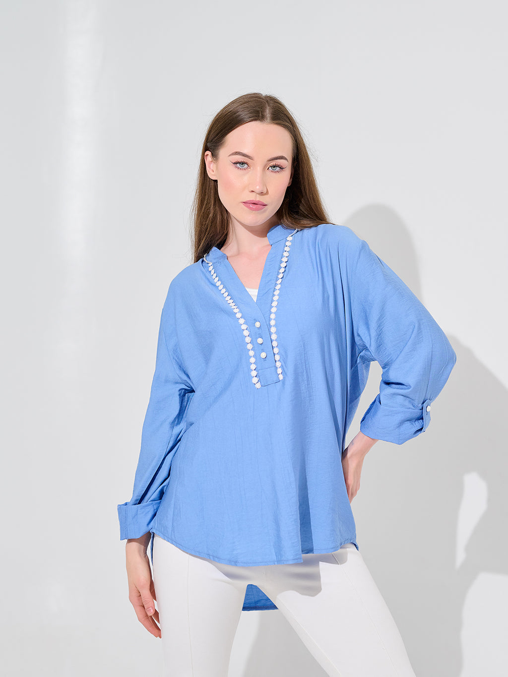 The Sky-Blue Lace-Trim Blouse