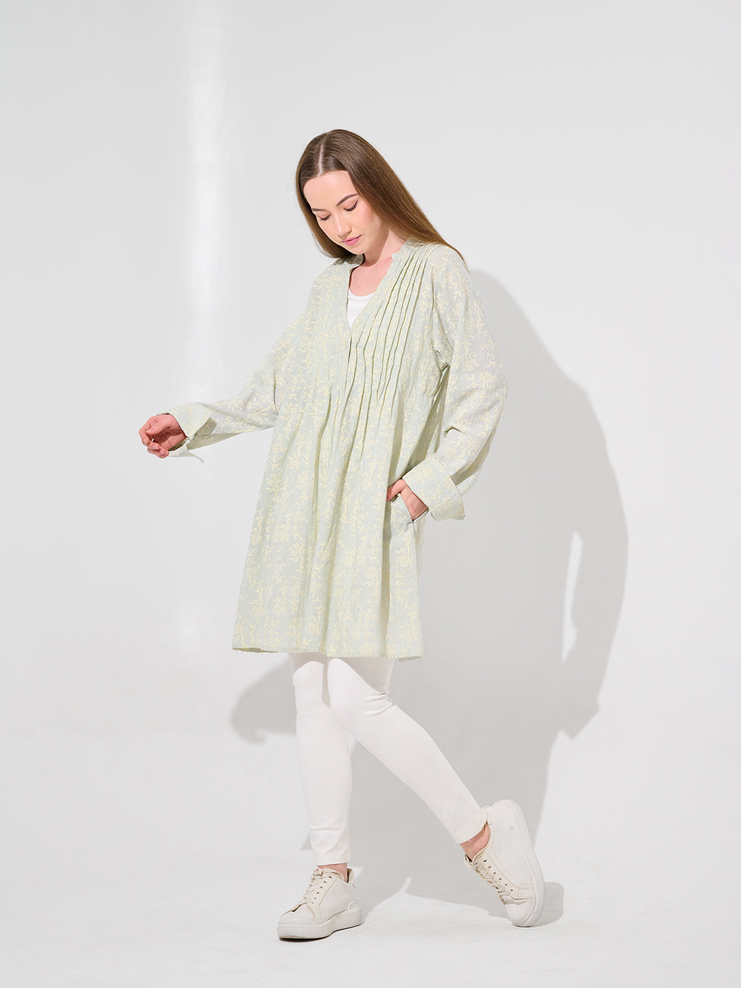 Sage Floral Print Pintuck Longline Shirt