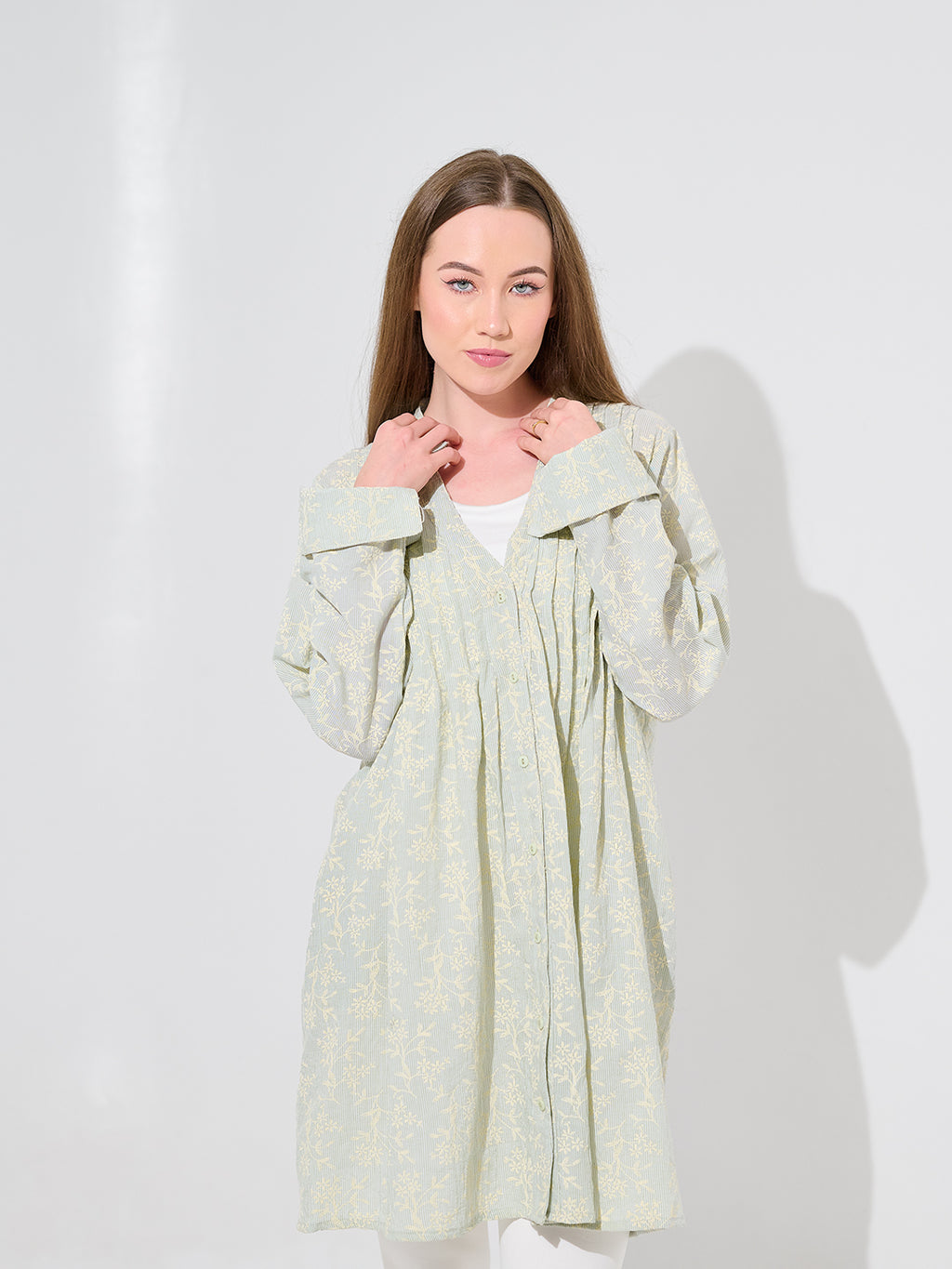 Sage Floral Print Pintuck Longline Shirt