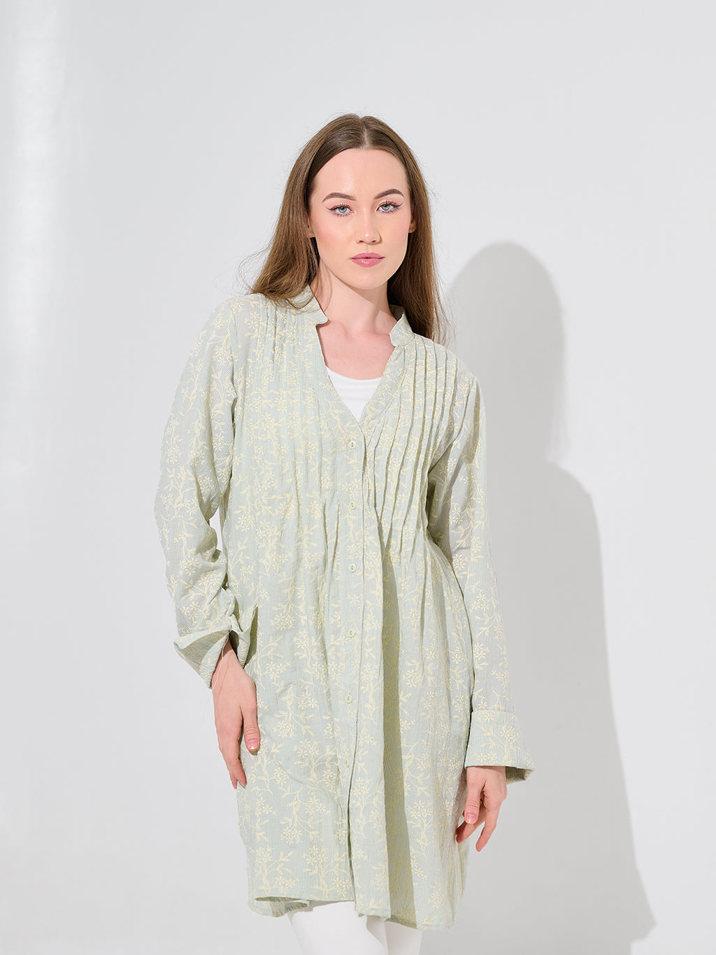 Sage Floral Print Pintuck Longline Shirt