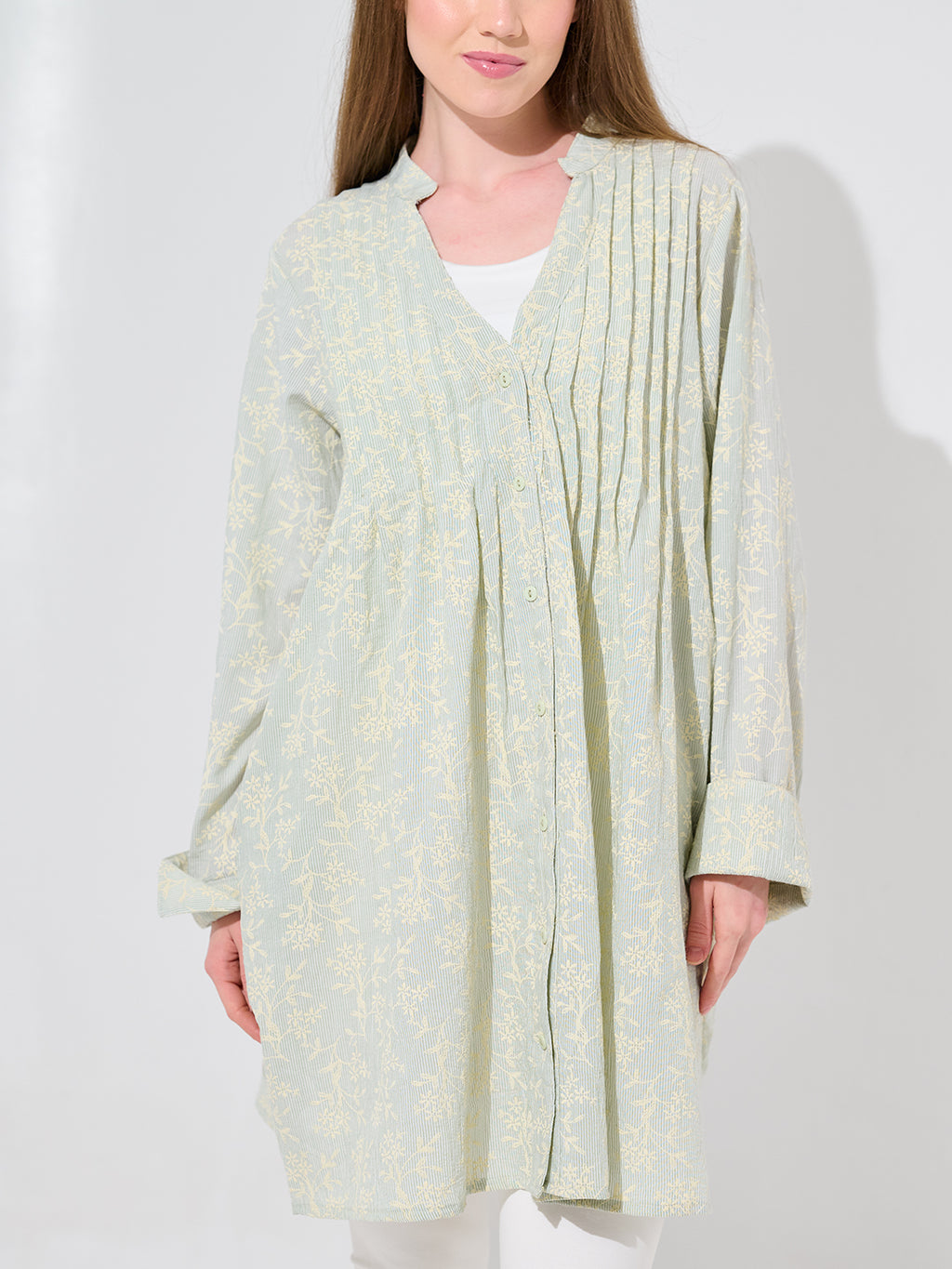 Sage Floral Print Pintuck Longline Shirt