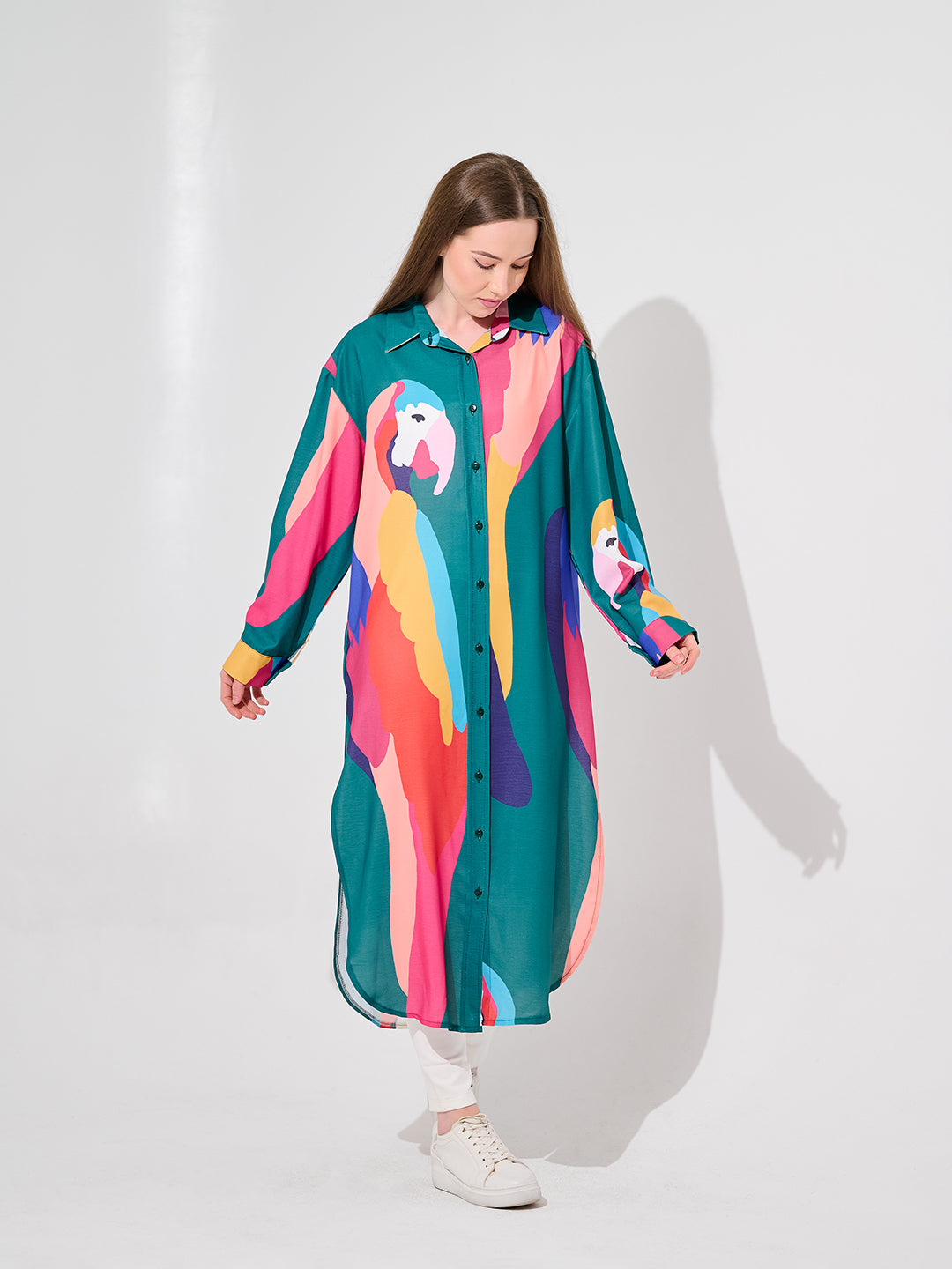 Teal Parrot Print Long Chemise