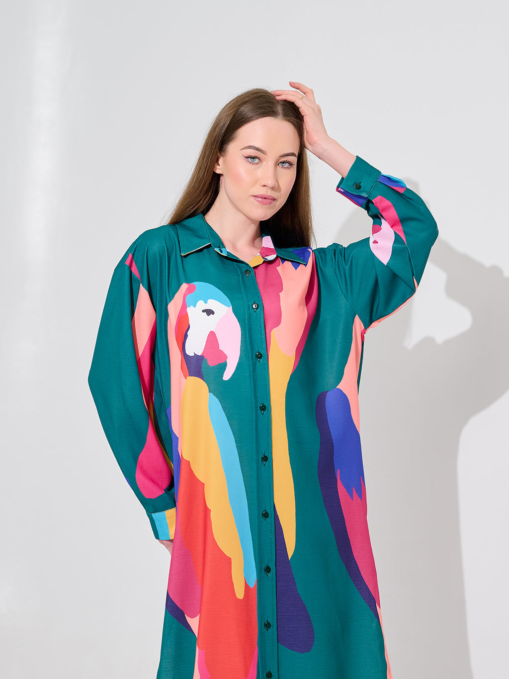 Teal Parrot Print Long Chemise