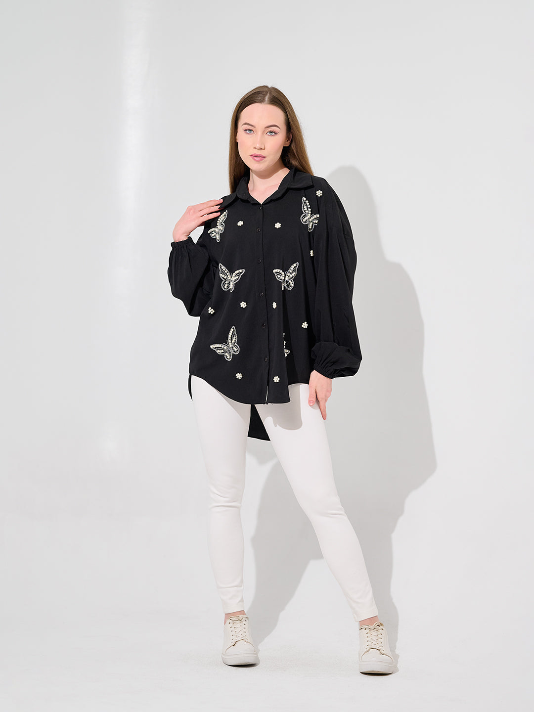Black Butterfly Embroidered Oversized Shirt