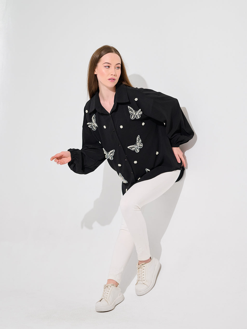 Black Butterfly Embroidered Oversized Shirt