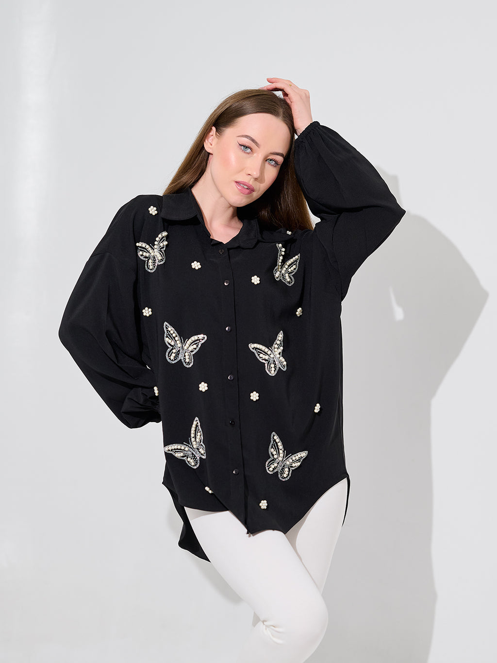 Black Butterfly Embroidered Oversized Shirt
